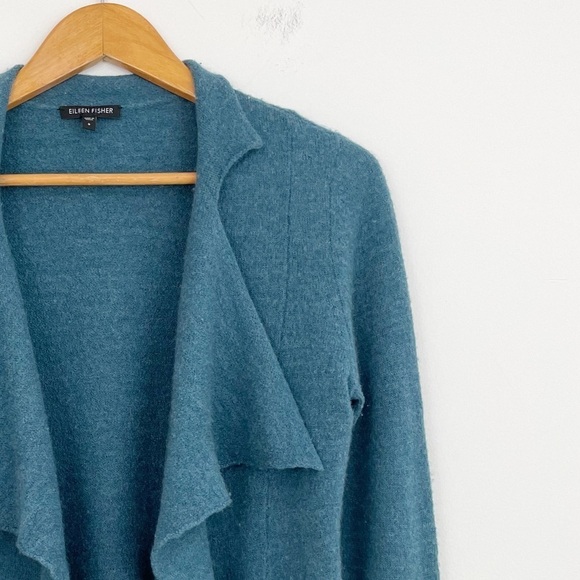 Eileen Fisher Merino Wool Teal Draped Open Front Long Sleeves Sweater Cardigan S - Picture 4 of 16